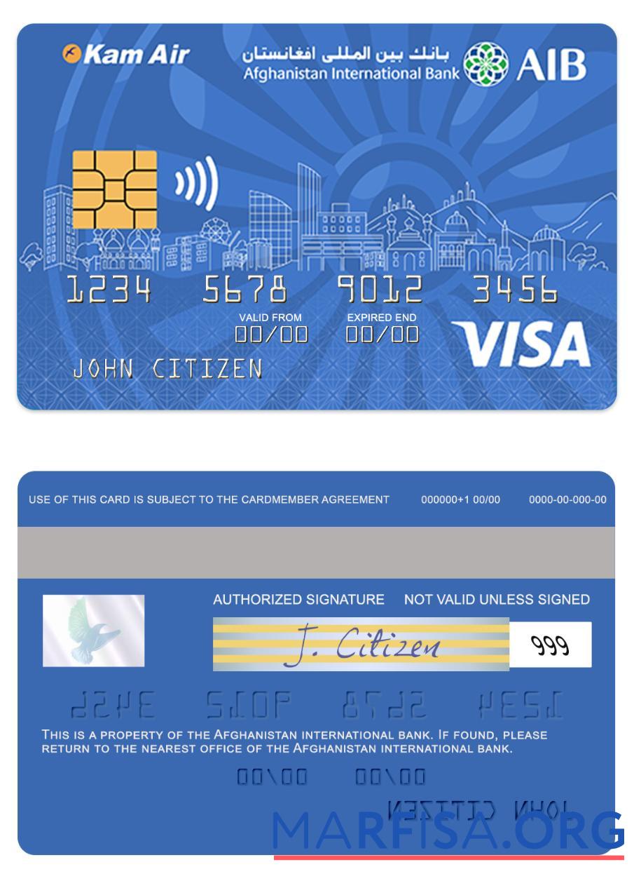 Realistic Afghanistan international bank visa card template